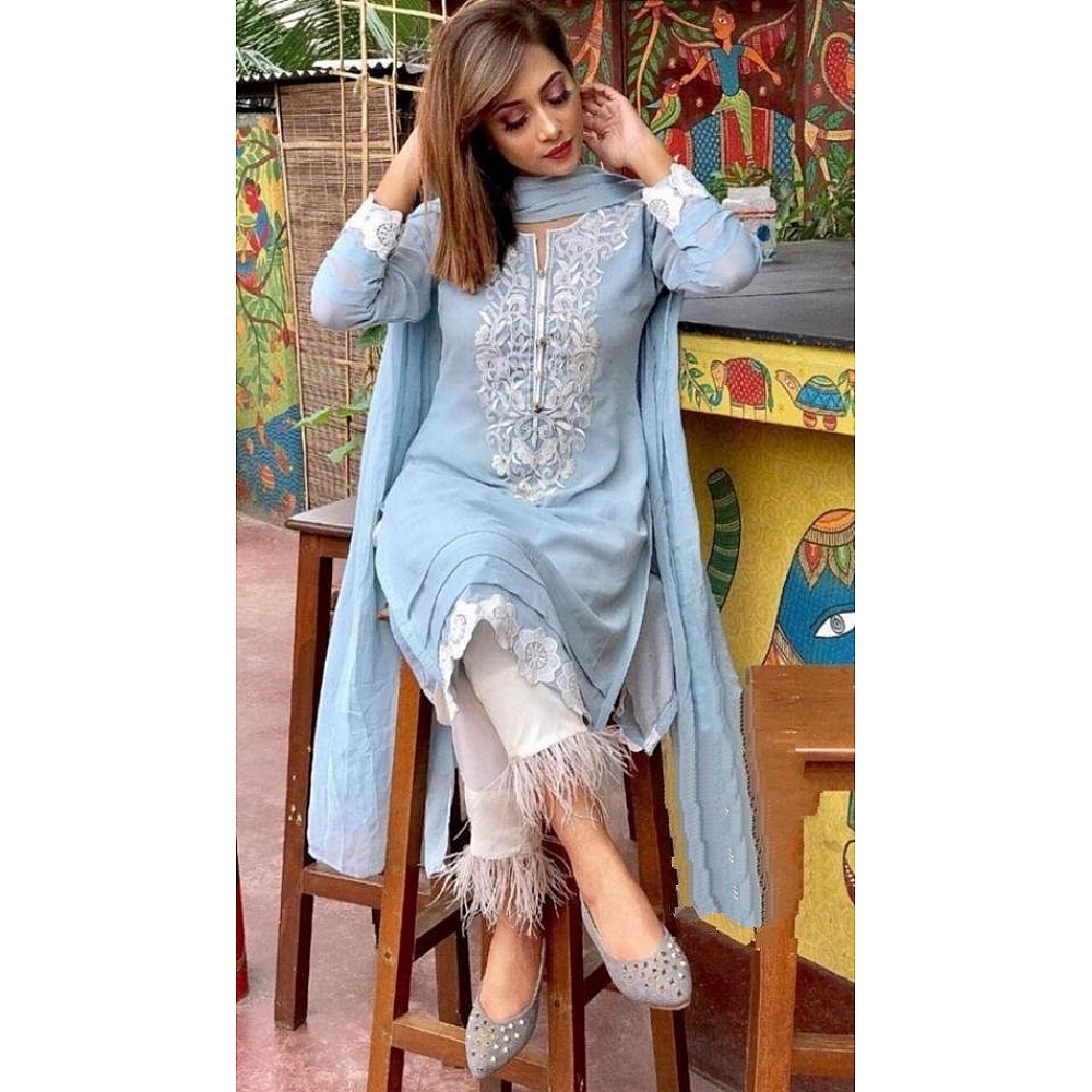 Sky blue georgette thread embroidered plazzo suit