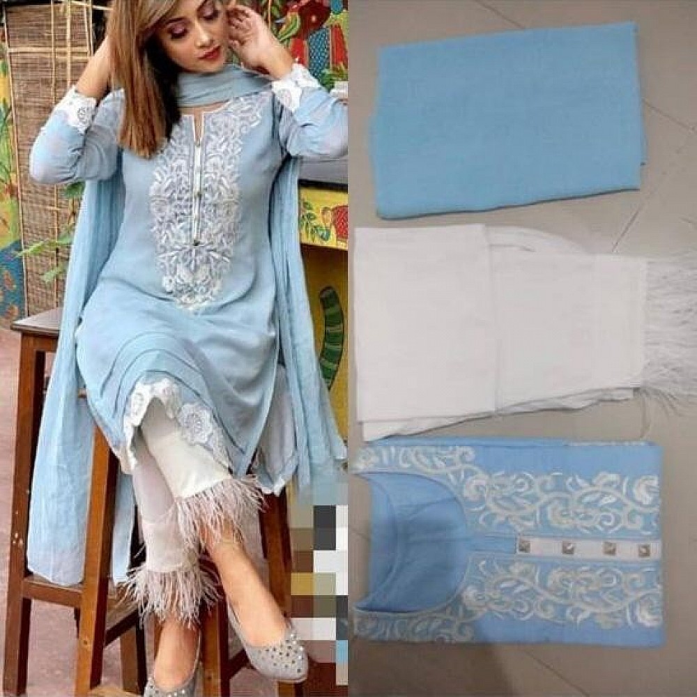 Sky blue georgette thread embroidered plazzo suit - Fash ...