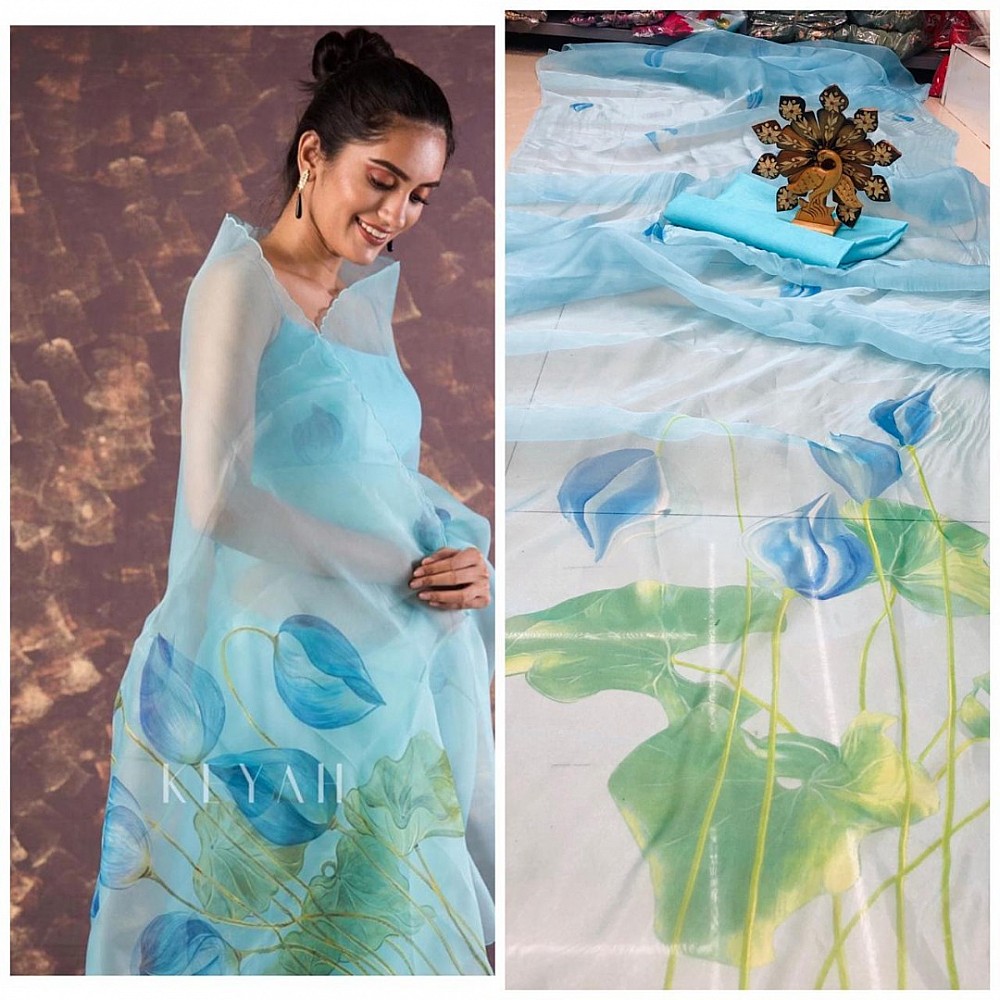 Sky blue organza digital floral printed saree