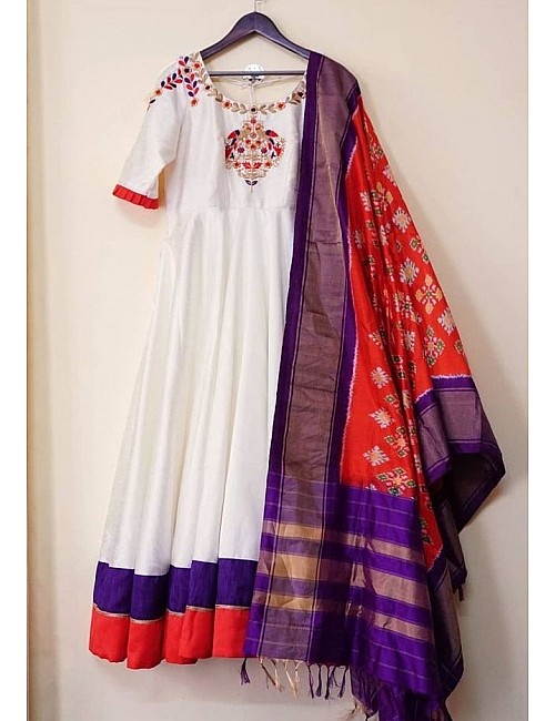 White club cotton anarkali gown with printed silk red dupatta