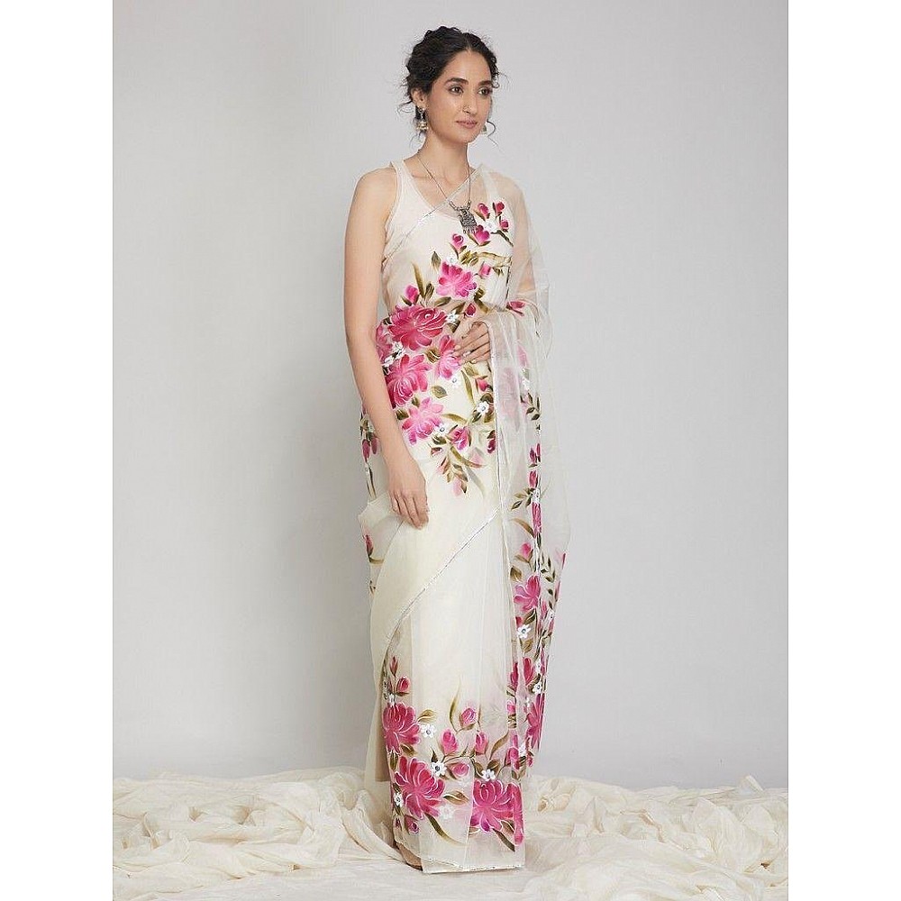 White floral printed organza saree