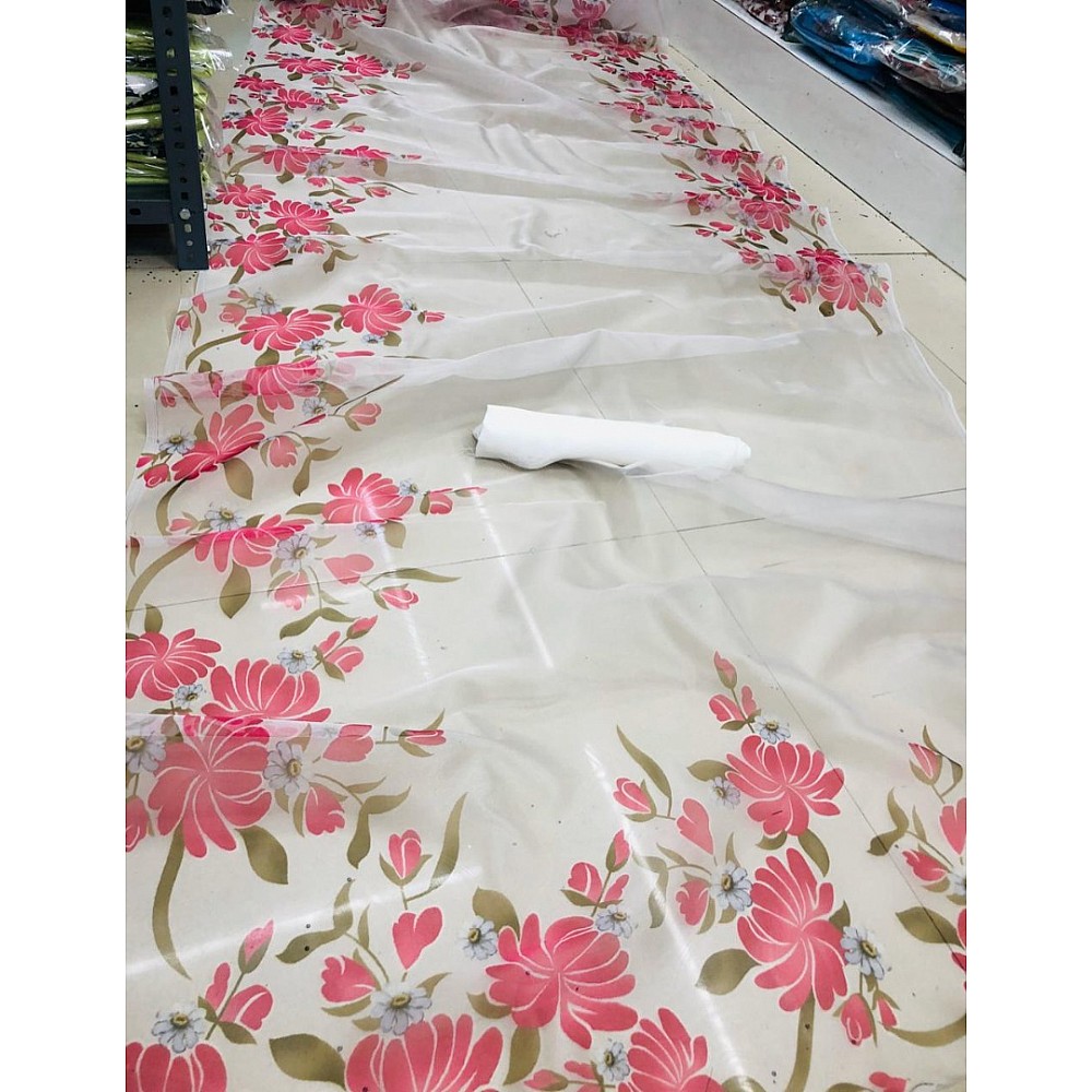White floral printed organza saree
