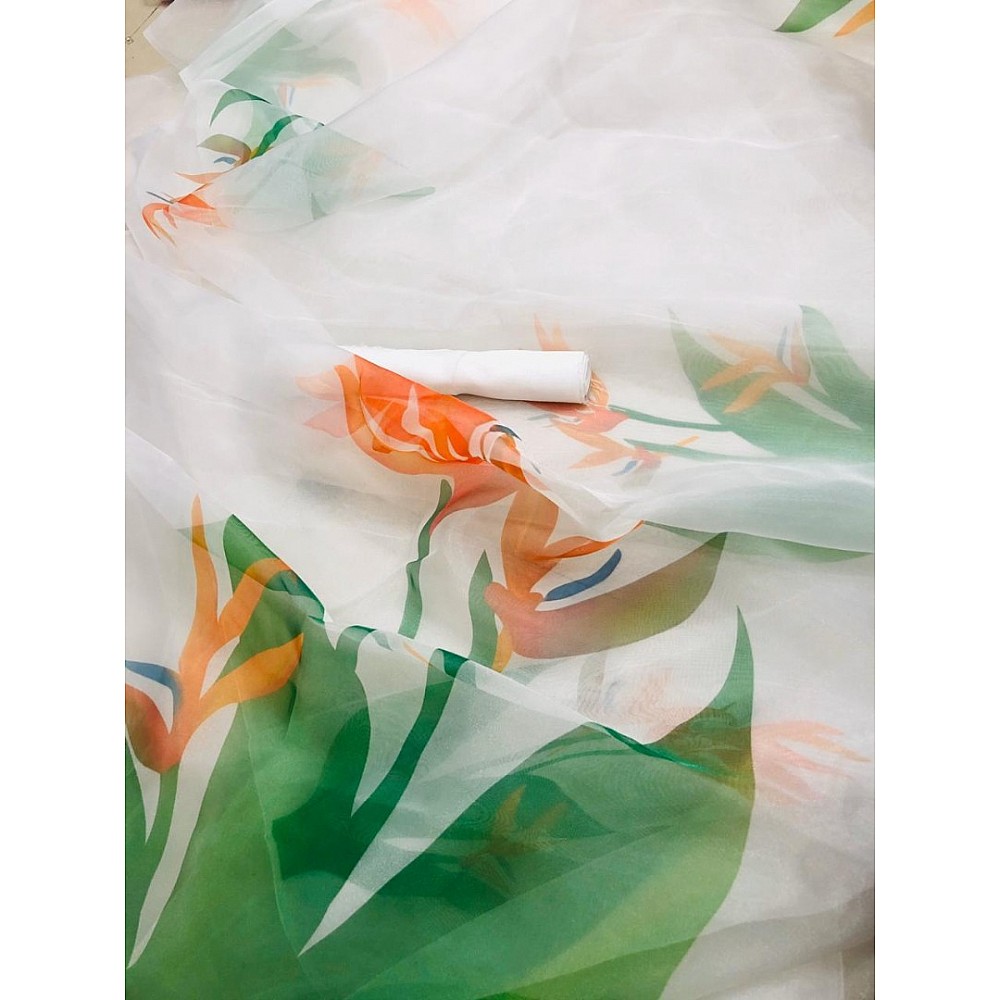 White flower printed organza saree