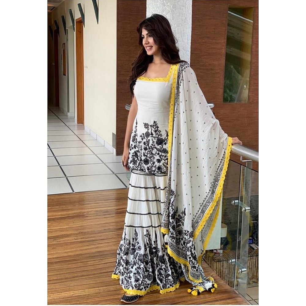 White georgette embroidered plazzo salwar suit