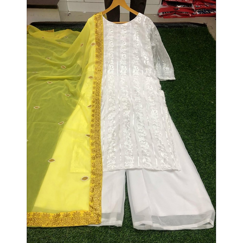 White georgette embroidered plazzo suit with yellow dupatta