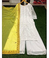 White georgette embroidered plazzo suit with yellow dupatta