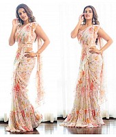 White goergette floral printed ruffle saree