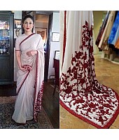 White heavy georgette red thread embroidered stylist saree