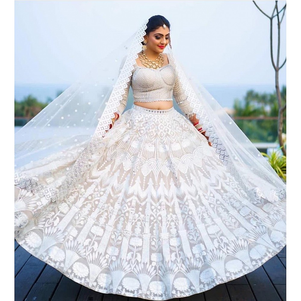 White net chain stitch embroidered wedding lehenga choli