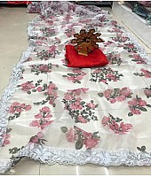 White organza floral printed embroidery border saree
