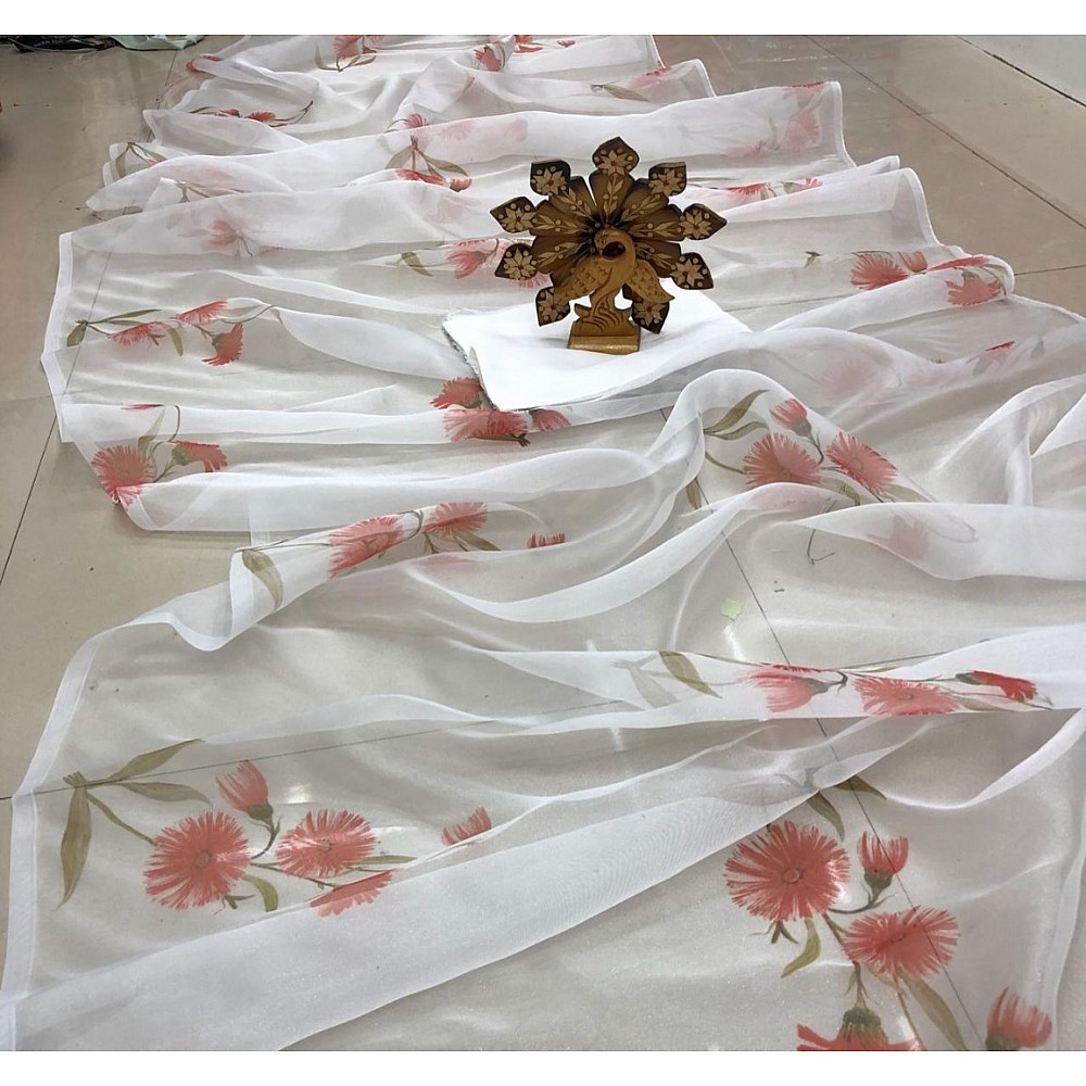 white organza silk red floral printed saree