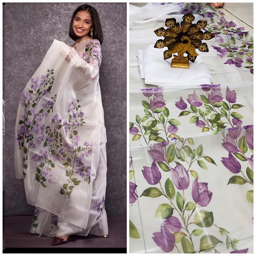 White purple floral printed organza saree