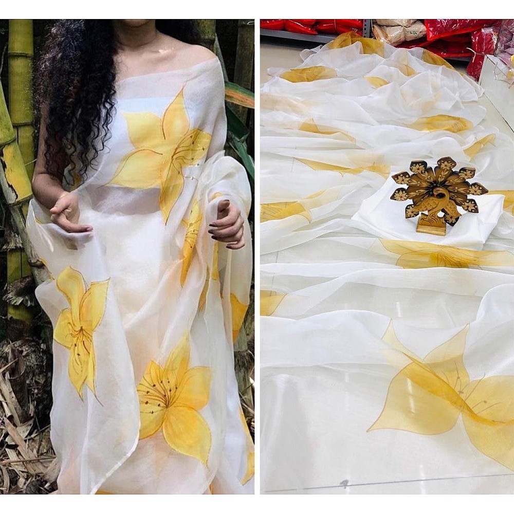 White yellow flower printed organza saree