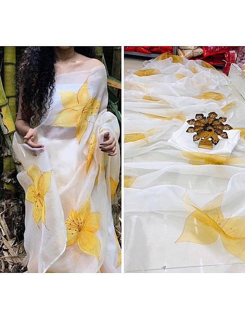 White yellow flower printed organza saree