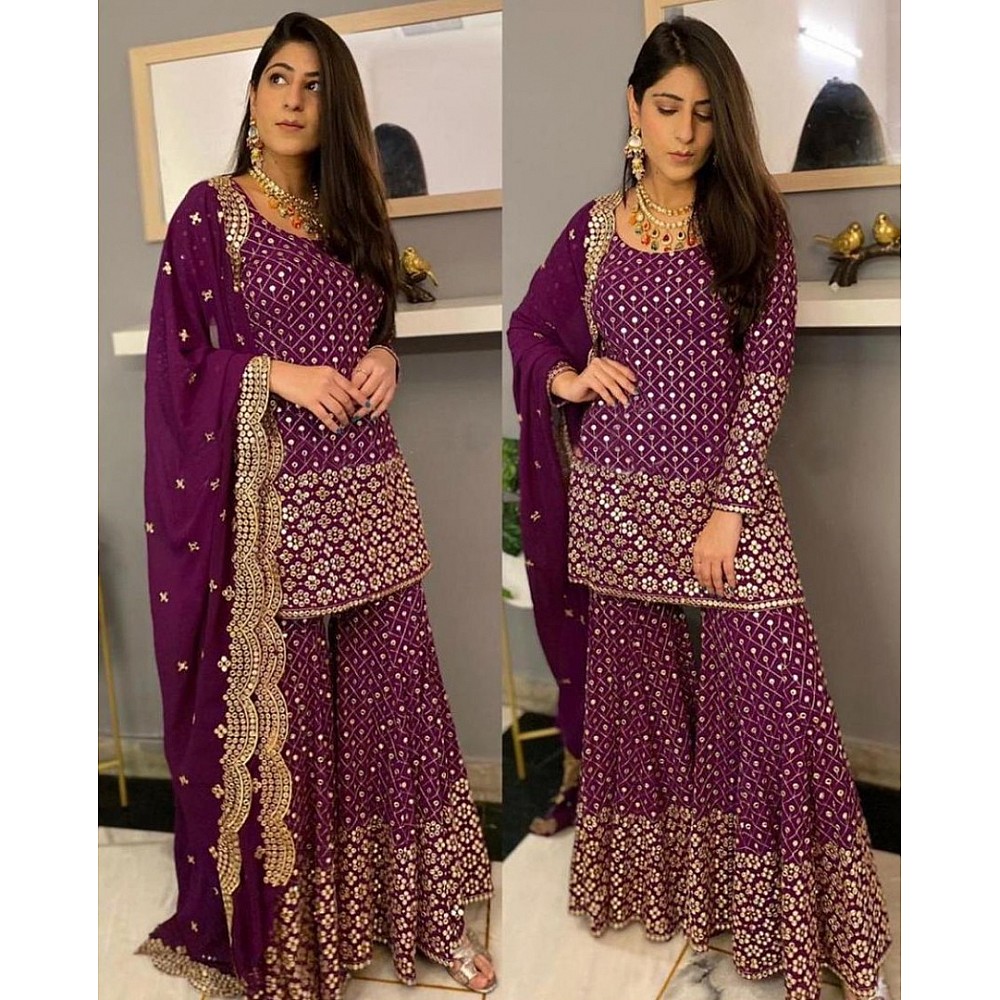 Wine georgette embroidered sequence work plazzo suit