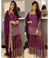 Wine georgette embroidered sequence work plazzo suit