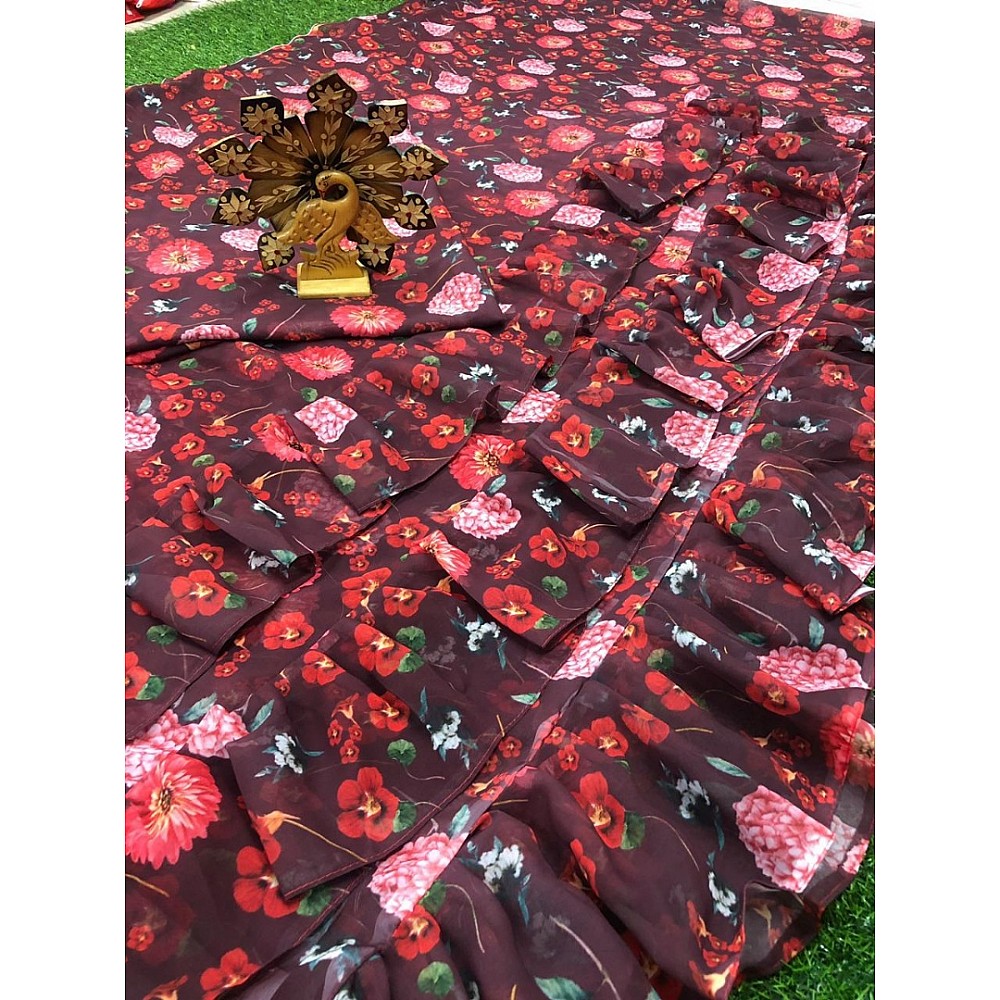 Wine maroon georgette floral printed ruffle saree