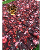 Wine maroon georgette floral printed ruffle saree