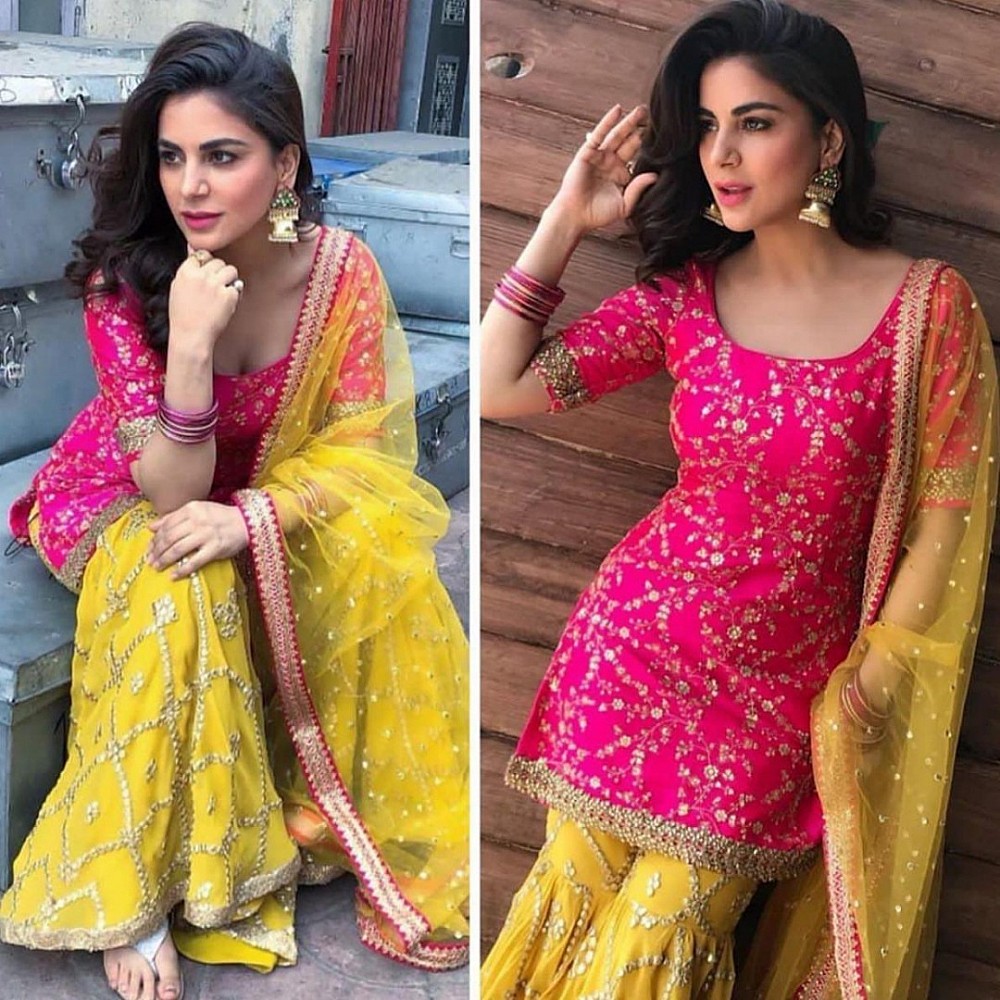 Yellow and pink tapeta silk embroidered plazzo salwar suit