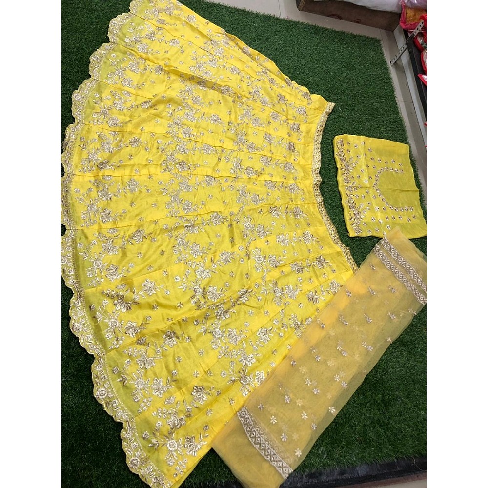 yellow banglory satin heavy embroidered wedding lehenga choli