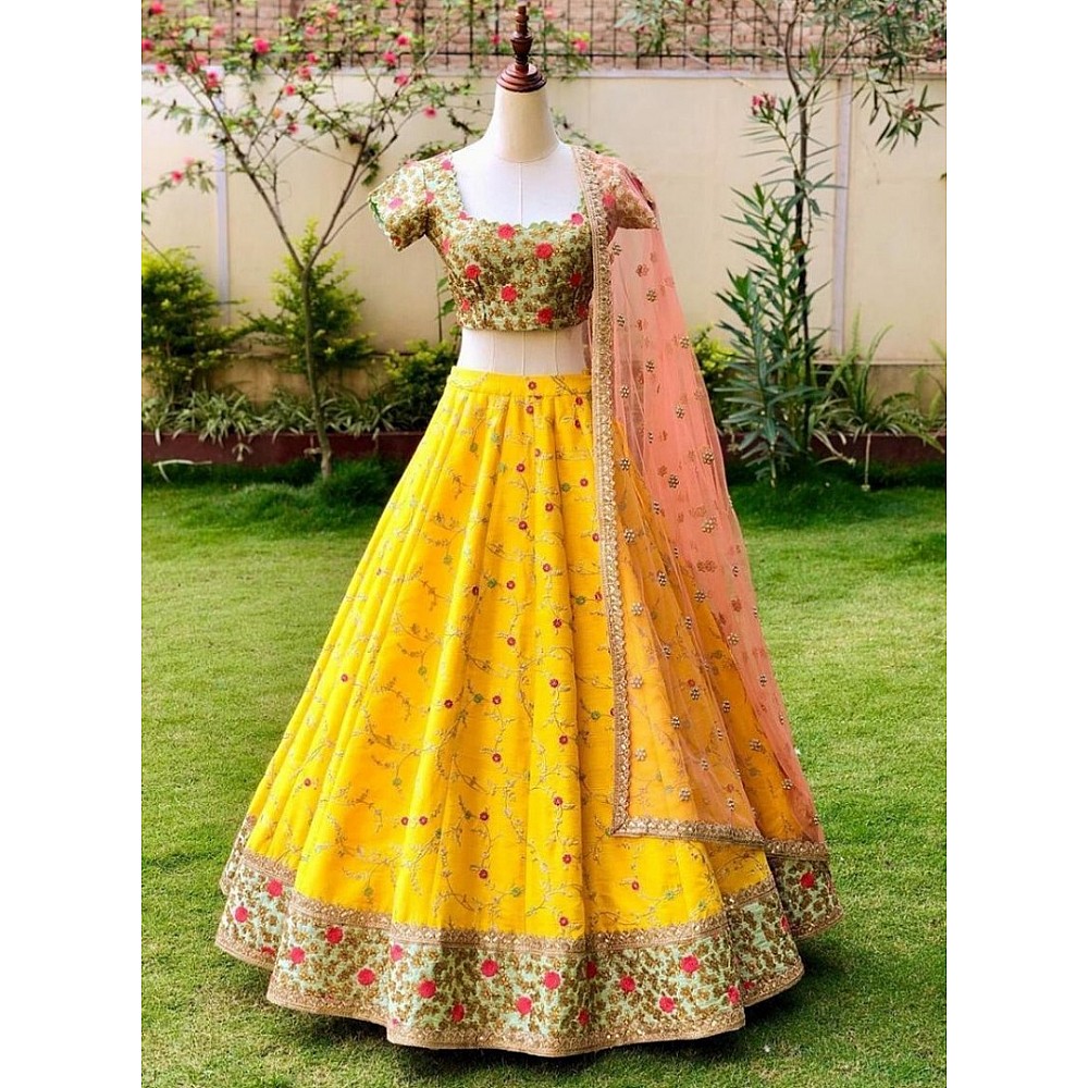 Yellow banglory silk beautiful embroidered wedding lehenga choli