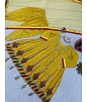 Yellow chinon silk heavy work dhoti suit