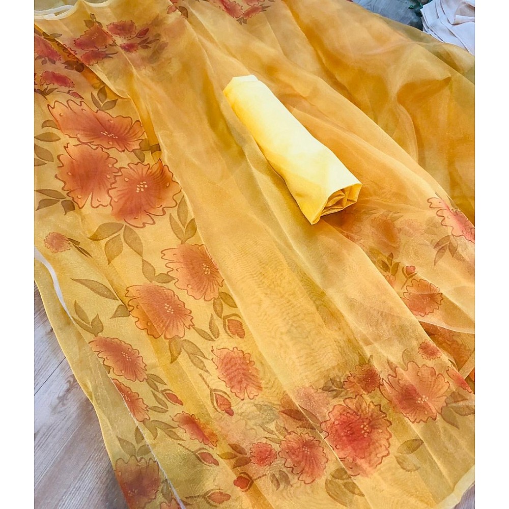 Yellow floral printed organza saree