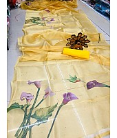 Yellow flower printed organza saree