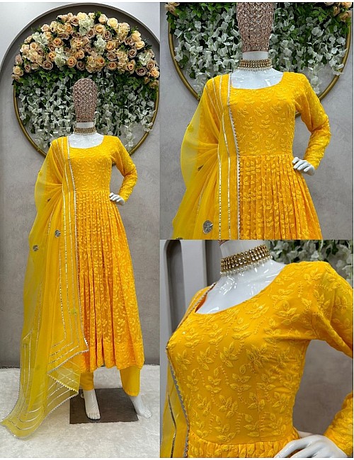 Yellow georgette heavy embroidery work anarkali suit