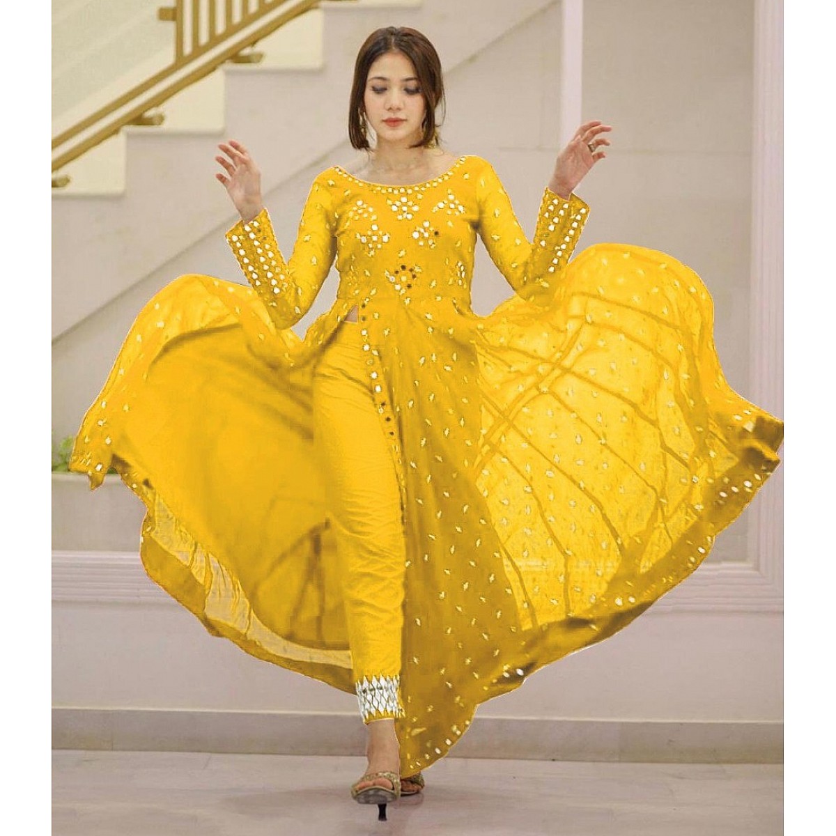 Salwar Suits : Yellow georgette paper mirror salwar suit