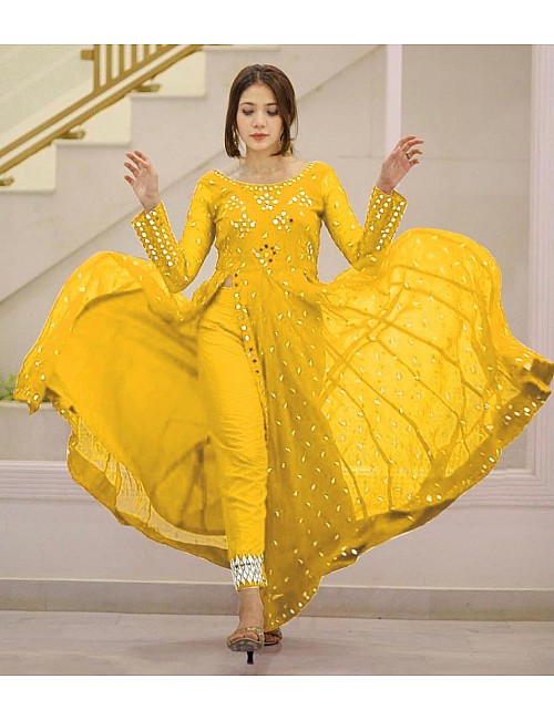 Yellow georgette paper mirror salwar suit
