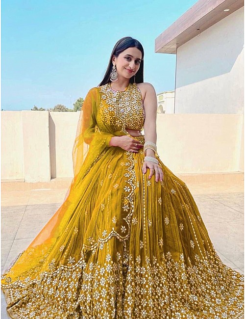 Yellow georgette sequence embroidered lehenga choli