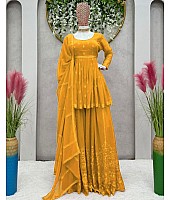 Yellow georgette thread embroidery work sara ali designer palazzo suit