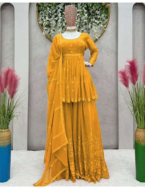 Yellow georgette thread embroidery work sara ali designer palazzo suit