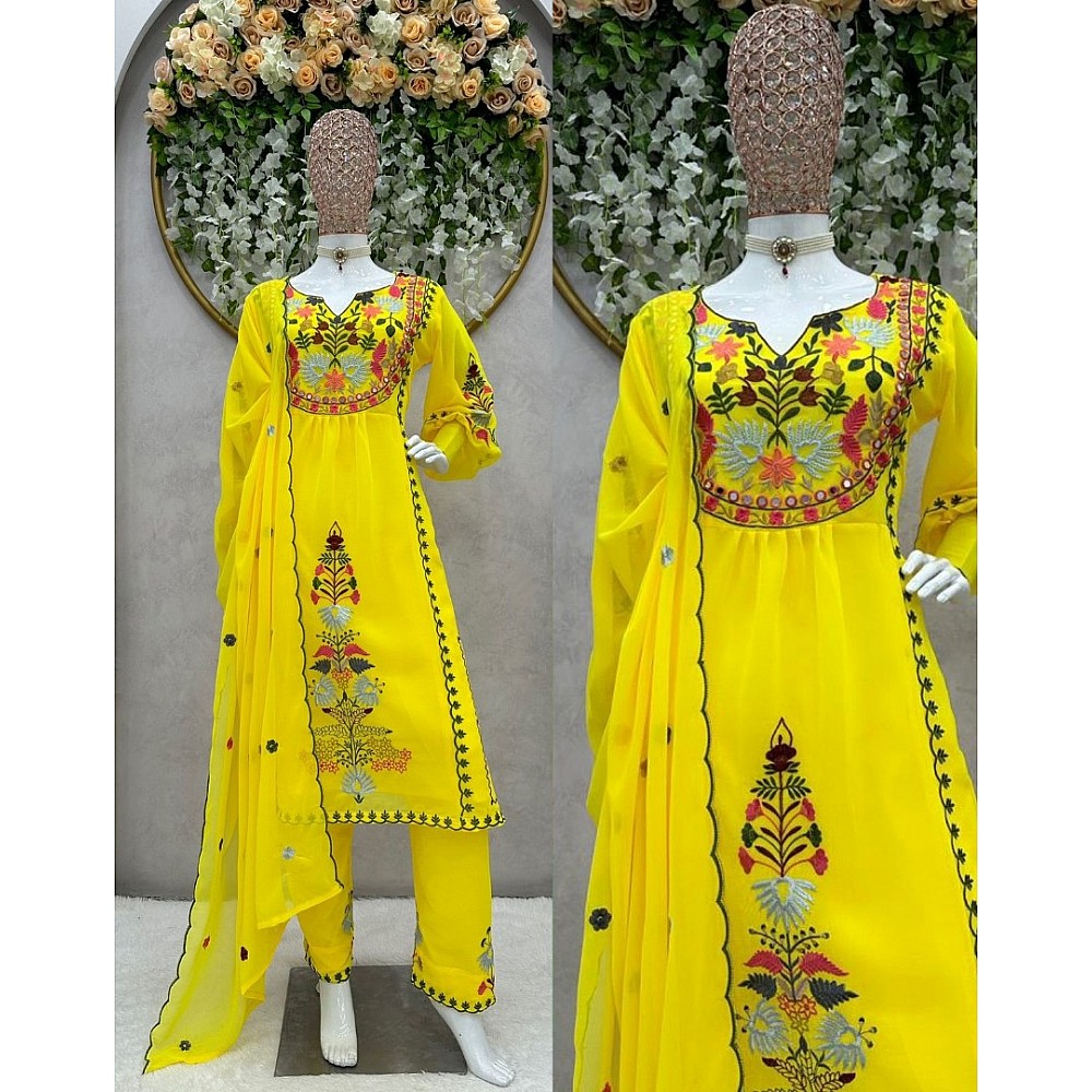 Yellow georgettte multi thread embroidery work designer palazzo suit