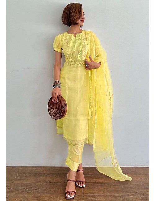Yellow organza thread and sequence embroidered salwar suit