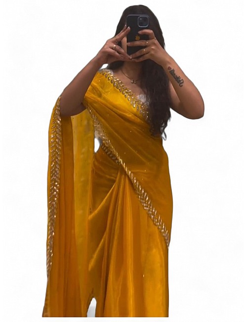 Yellow stylish fancy party wear saree