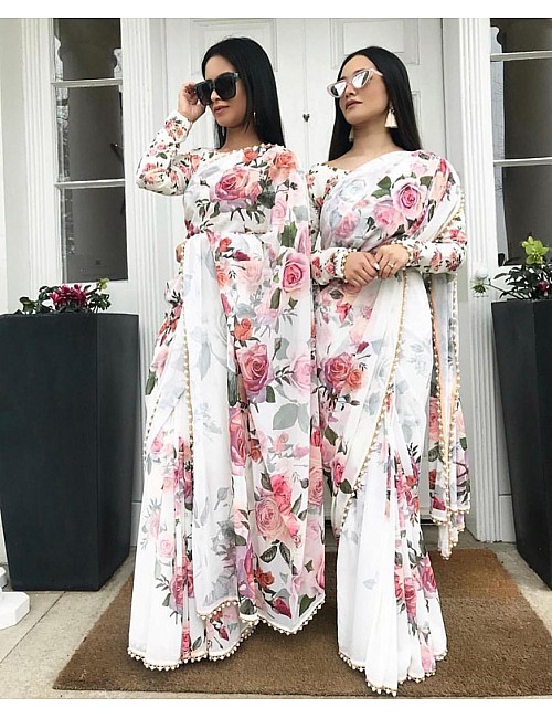 beautiful floral digital printed saree with moti lace
