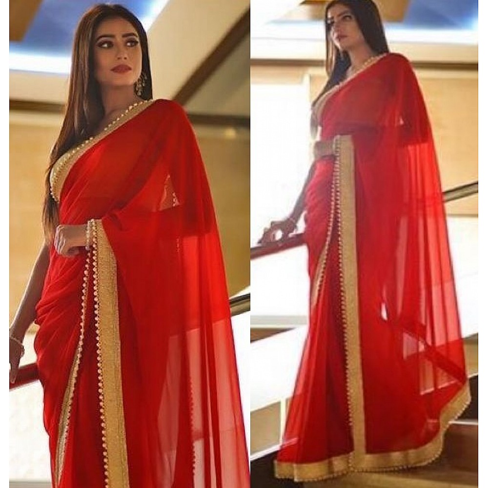 beautiful red georgette partywear saree with moti less