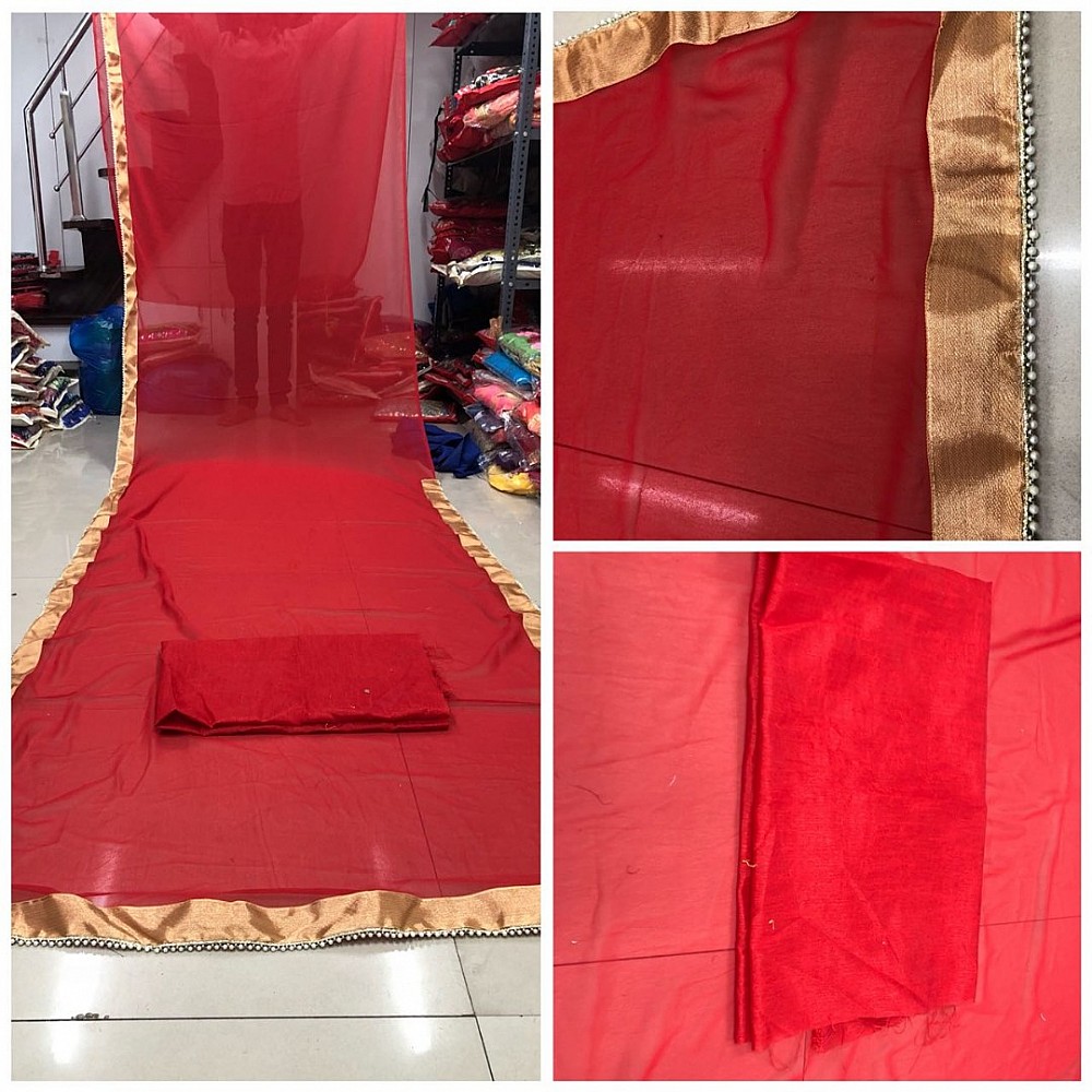 beautiful red georgette partywear saree with moti less