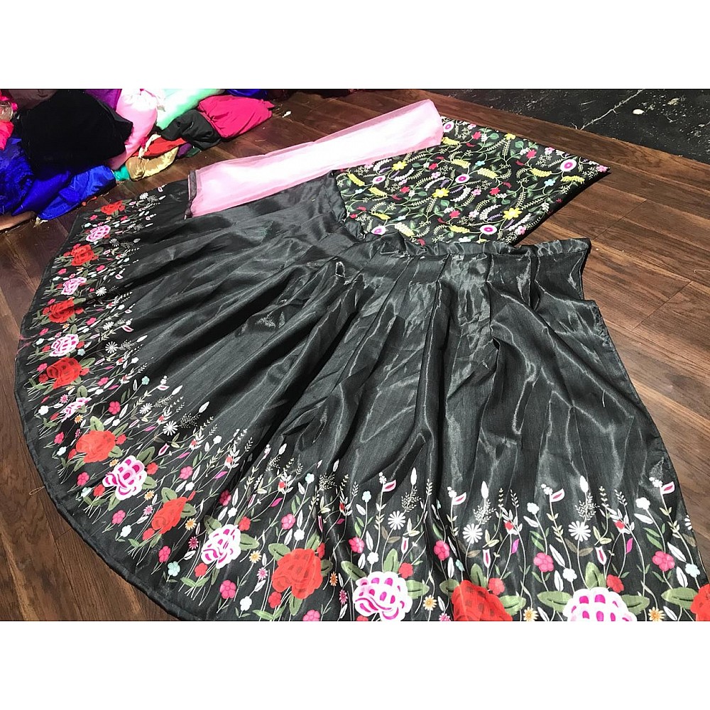 Black banglori satin flower digital printed partywear lehenga choli