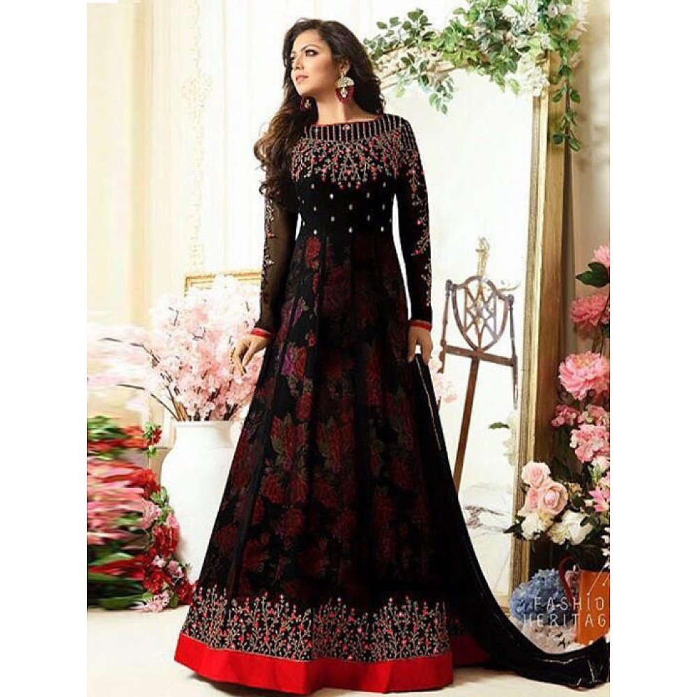 Gown : Black Georgette beautiful embroidered partywear gown ...