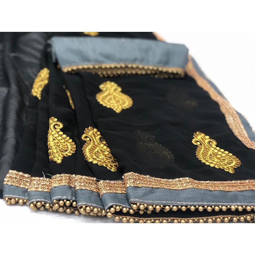 Black georgette embroidered and moti lace partywear saree