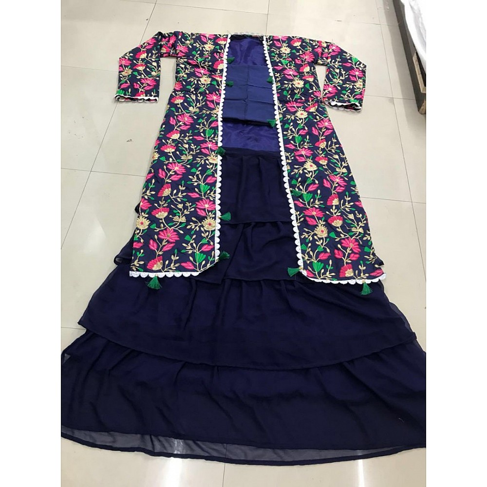 Blue tapta silk embroidered bollywood indowestern lehenga suit