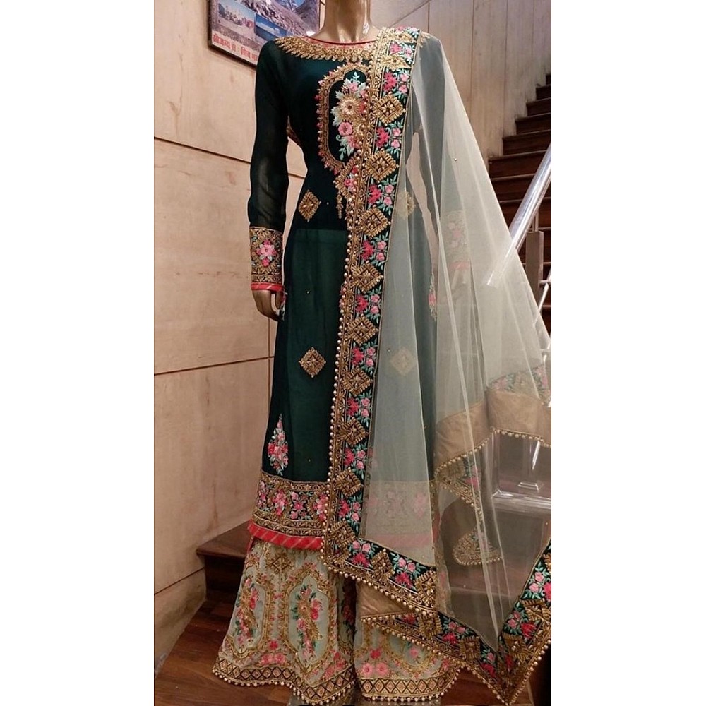 dark green and sea green embroidered plazzo suit