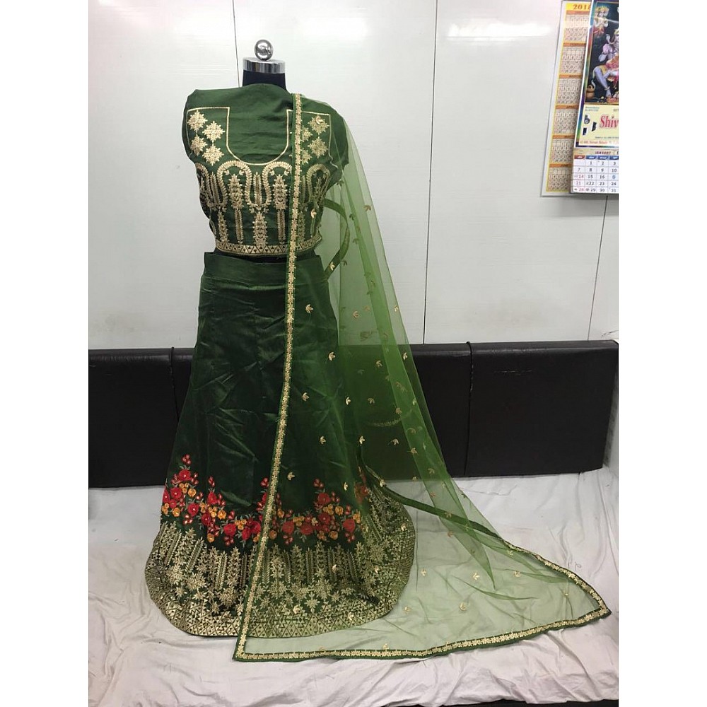 green banglory silk resham and zari thread work embroidered wedding lehenga