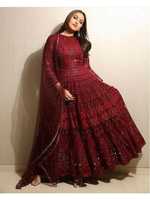 Maroon georgette heavy embroidered ...