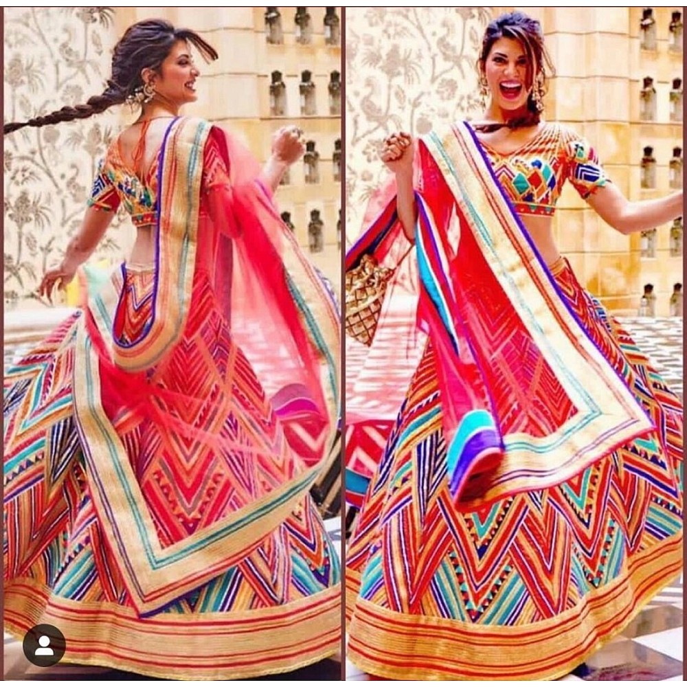 Multicolored banglory satin digital printed bollywood style lehenga choli