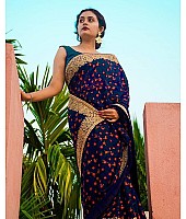 navy blue georgette printed partywear saree with embroidered lace
