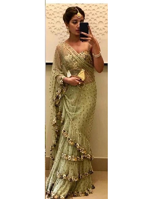 pista green net beautiful embroidered wedding saree